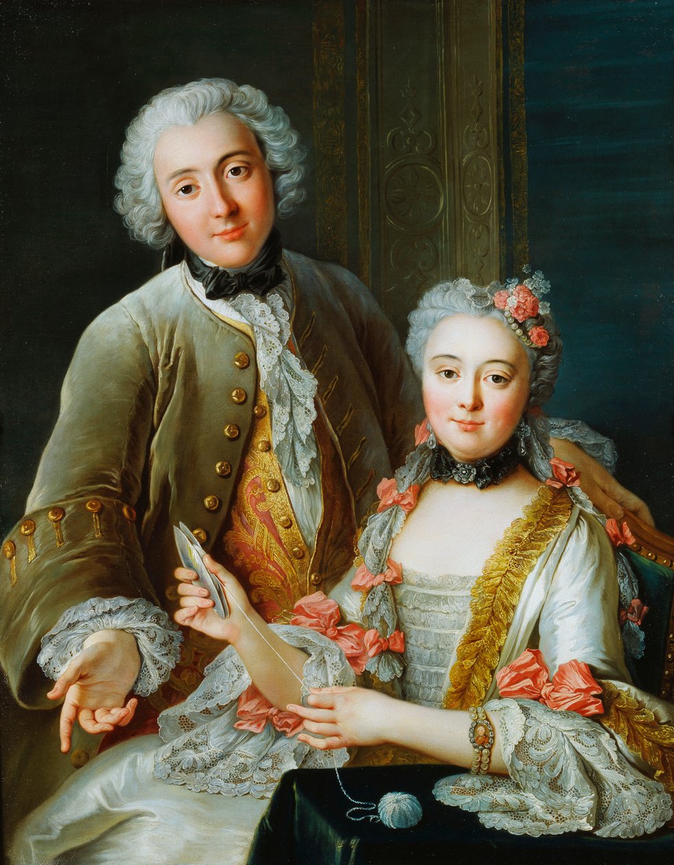Portret van Francois de Jullienne naast zijn vrouw, zittend door Antoine Coypel