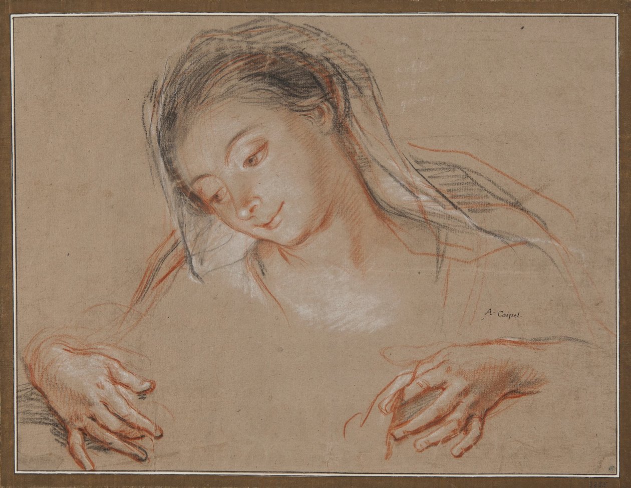 Studie voor een Madonna. Hoofd en twee handen door Antoine Coypel