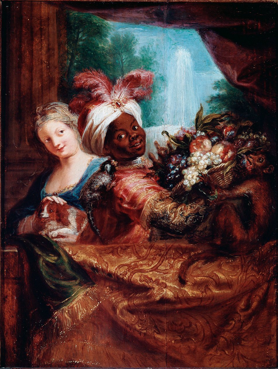 Jong meisje dat een hond aait en een zwarte bediende die een mand met fruit presenteert door Antoine Coypel