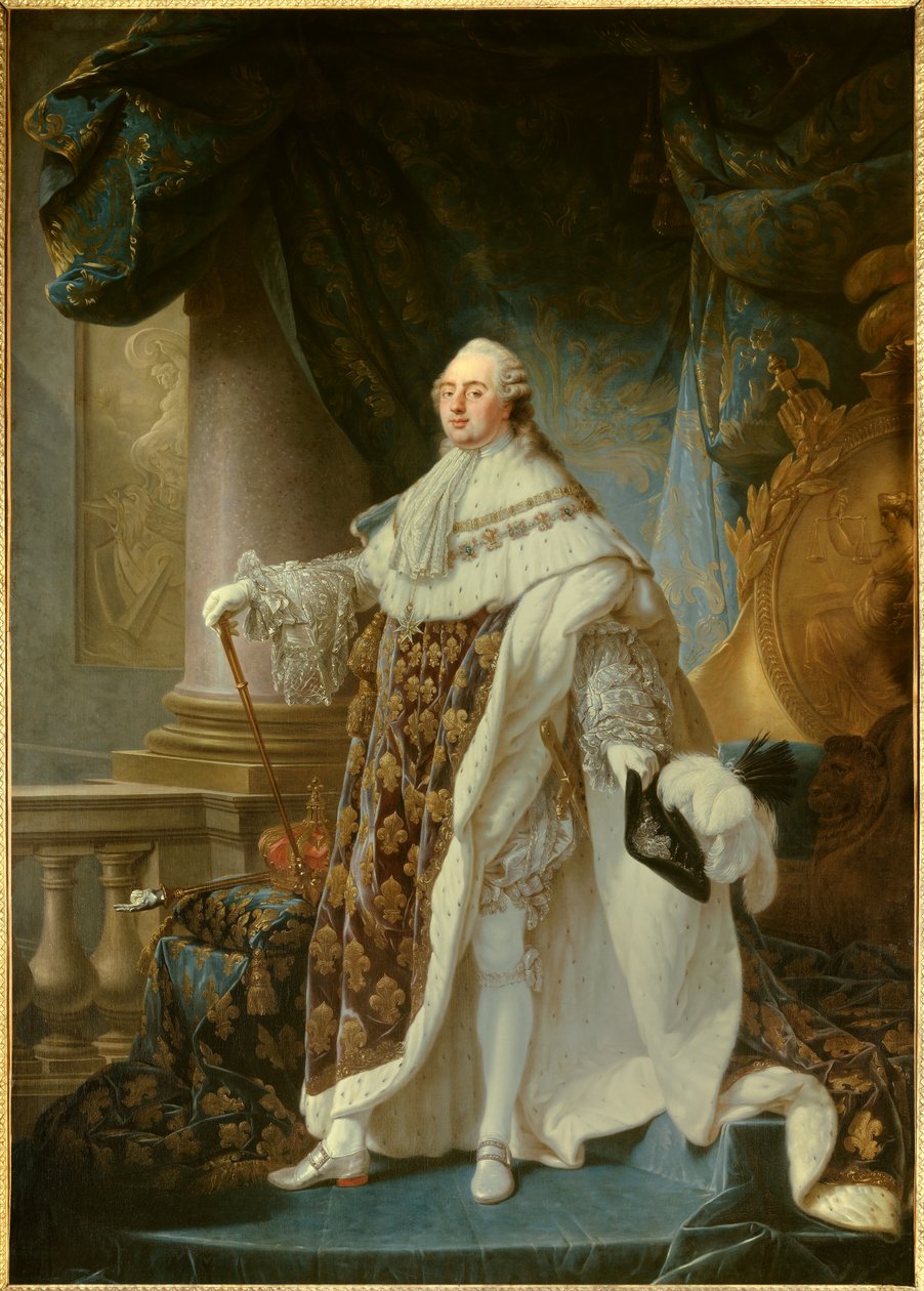 Portret van koning van Frankrijk Louis XVI (1754-1793) in zijn kroningskostuum in 1779 door Antoine François Callet
