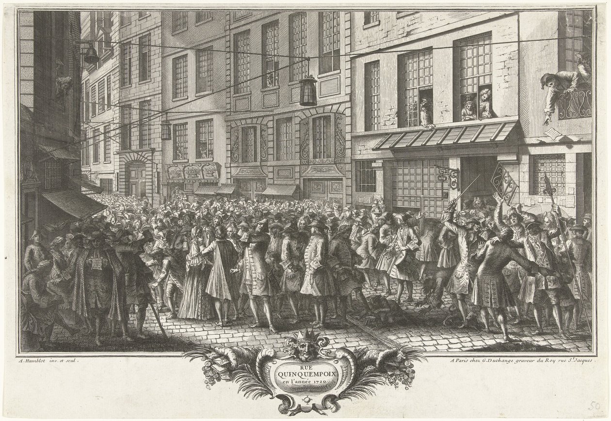 De Rue Quinquempoix, 1720 (Het Groote Tafereel der Dwaasheid) door Antoine Humblot