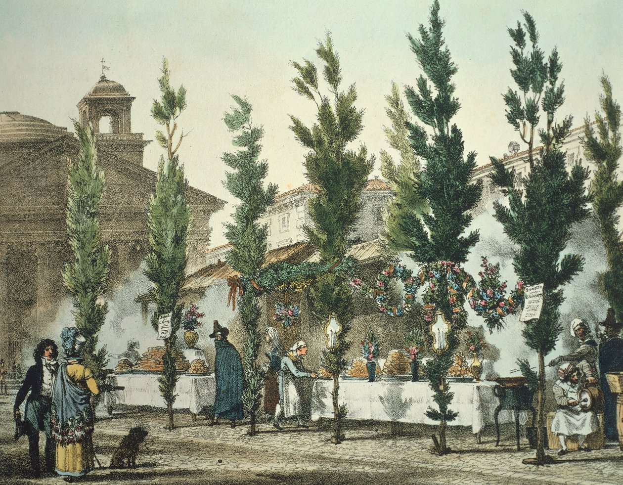 Straatvoedselverkopers bij het Pantheon, prent door Antoine Jean Baptiste Thomas