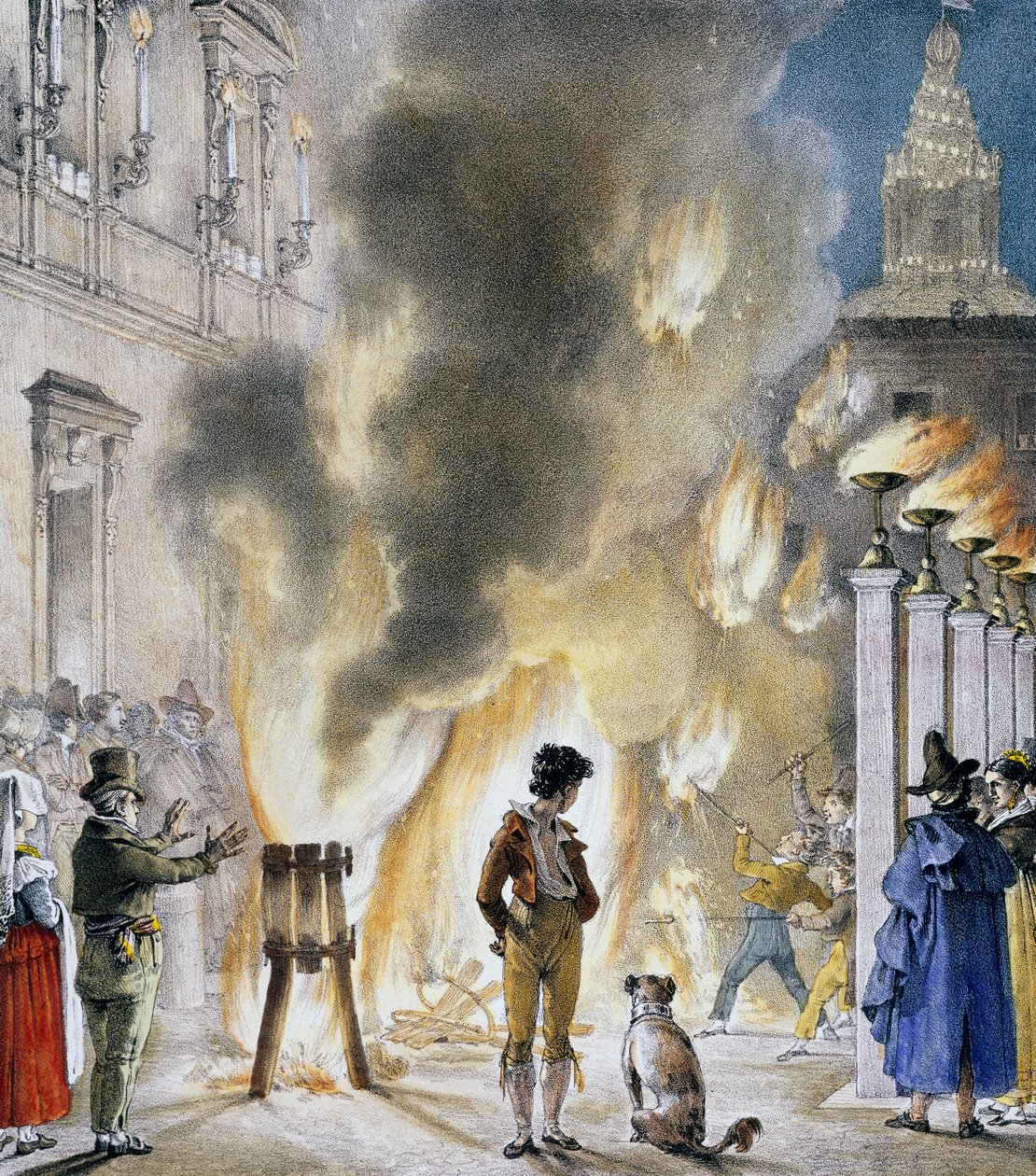 Kleine vuurwerkshow bij Palazzo Madama, door Antoine-Jean-Baptiste Thomas, prent uit Un an a Rome et dans ses environs. Italië door Antoine Jean Baptiste Thomas