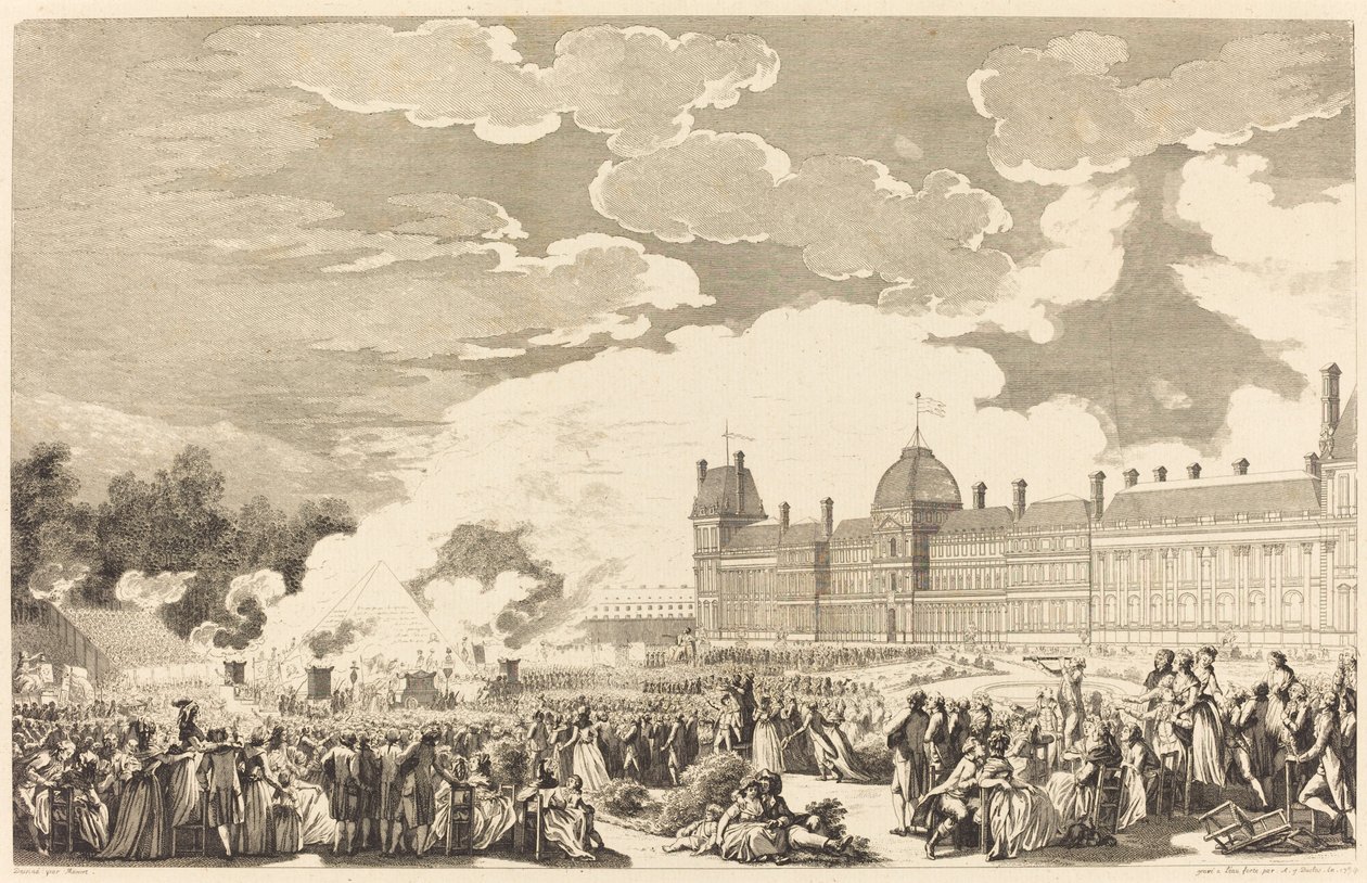 De Begrafenis ter ere van de martelaren van de Dag van 10 in de nationale tuin door Antoine Jean Duclos after Charles Monnet