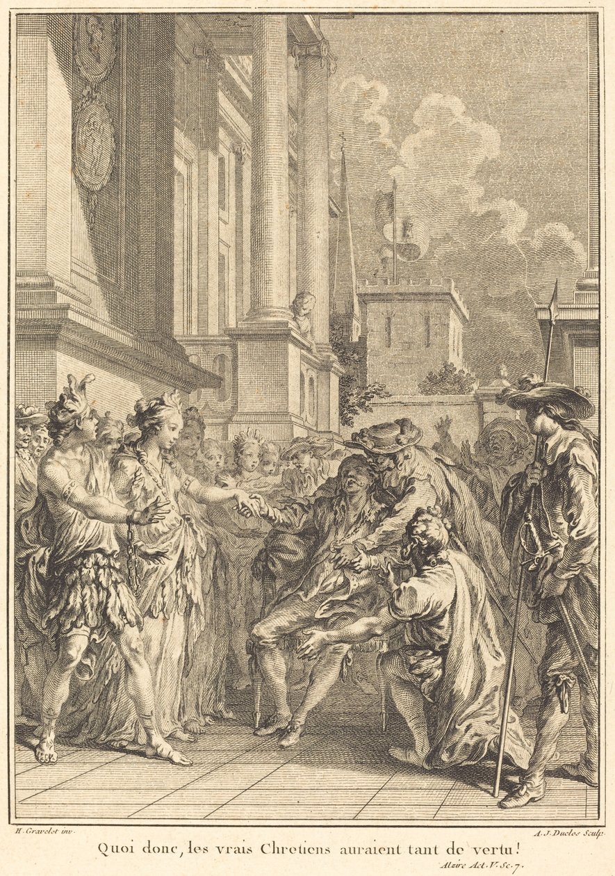 Wat dan, de echte Christenen zouden zoveel deugd hebben! door Antoine Jean Duclos after Hubert François Gravelot
