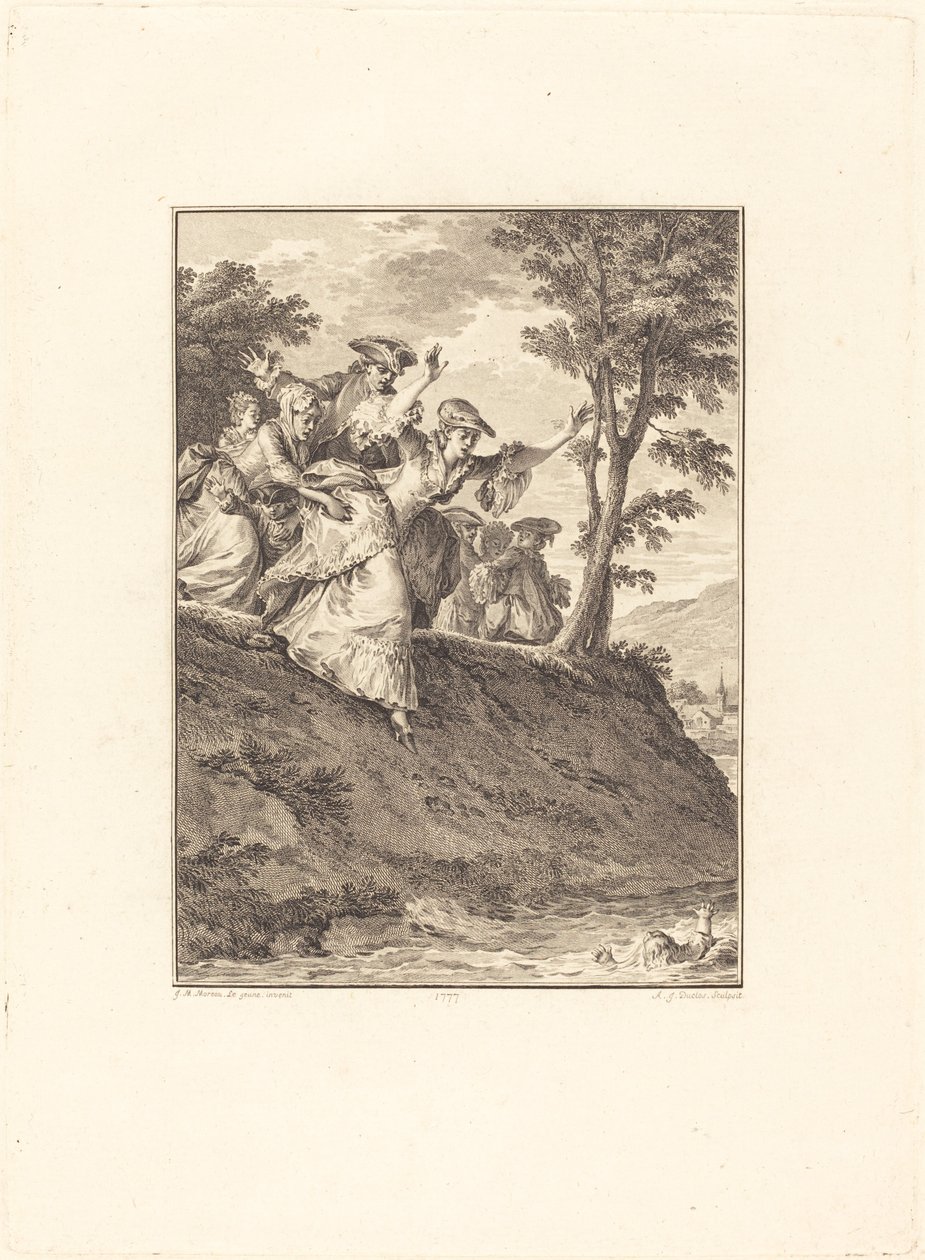 Ze rent achter hem aan door Antoine Jean Duclos after Jean Michel Moreau