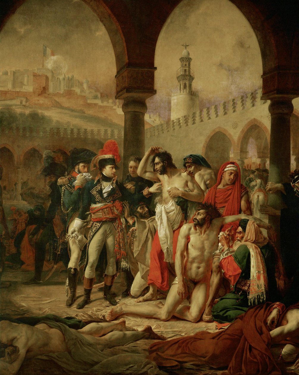 Keizer Napoleon I Bonaparte bezoekt de door de pest getroffen inwoners van Jaffa, gevolgd door zijn generaals Berthier en Bessieres ... door Antoine Jean Gros