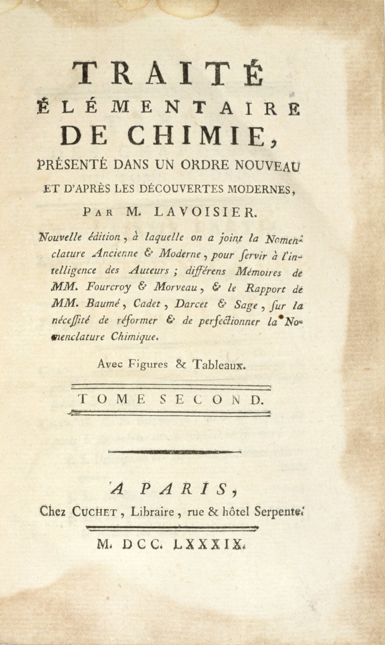 Titelpagina van Traité Élémentaire de Chimie, Tome II, gepubliceerd in Parijs, 1789 door Antoine Laurent de Lavoisier