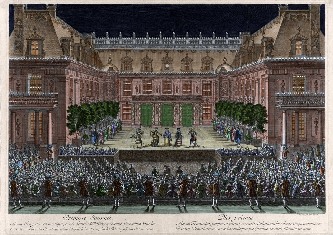 Voorstelling, in de marmeren binnenplaats van het kasteel van Versailles, van 