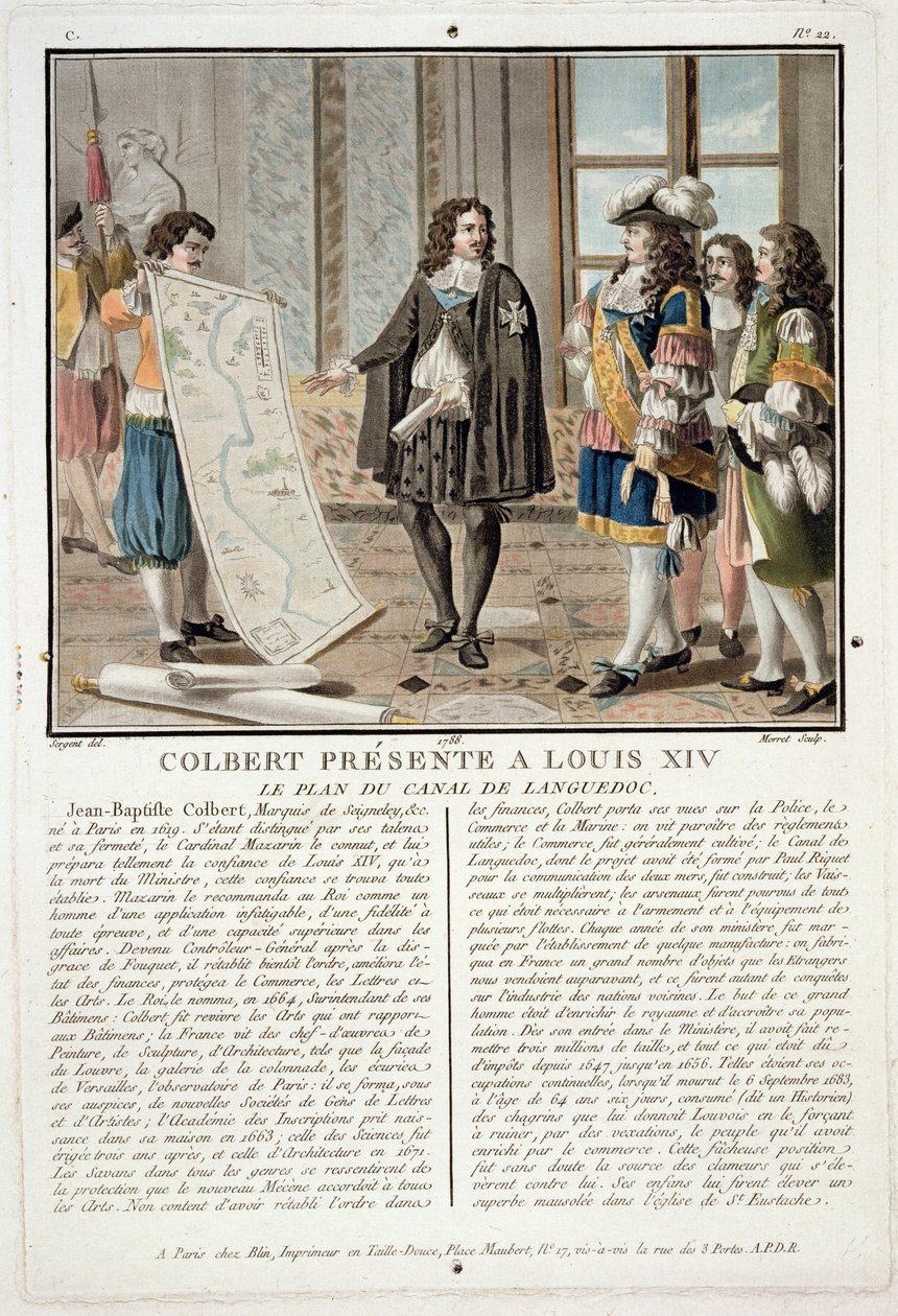 Jean Baptiste Colbert (1619-83) presenteert de kaart van het Canal du Languedoc aan Lodewijk XIV, gegraveerd door Jean Baptiste Morret, 1788 door Antoine Louis Francois Sergent Marceau