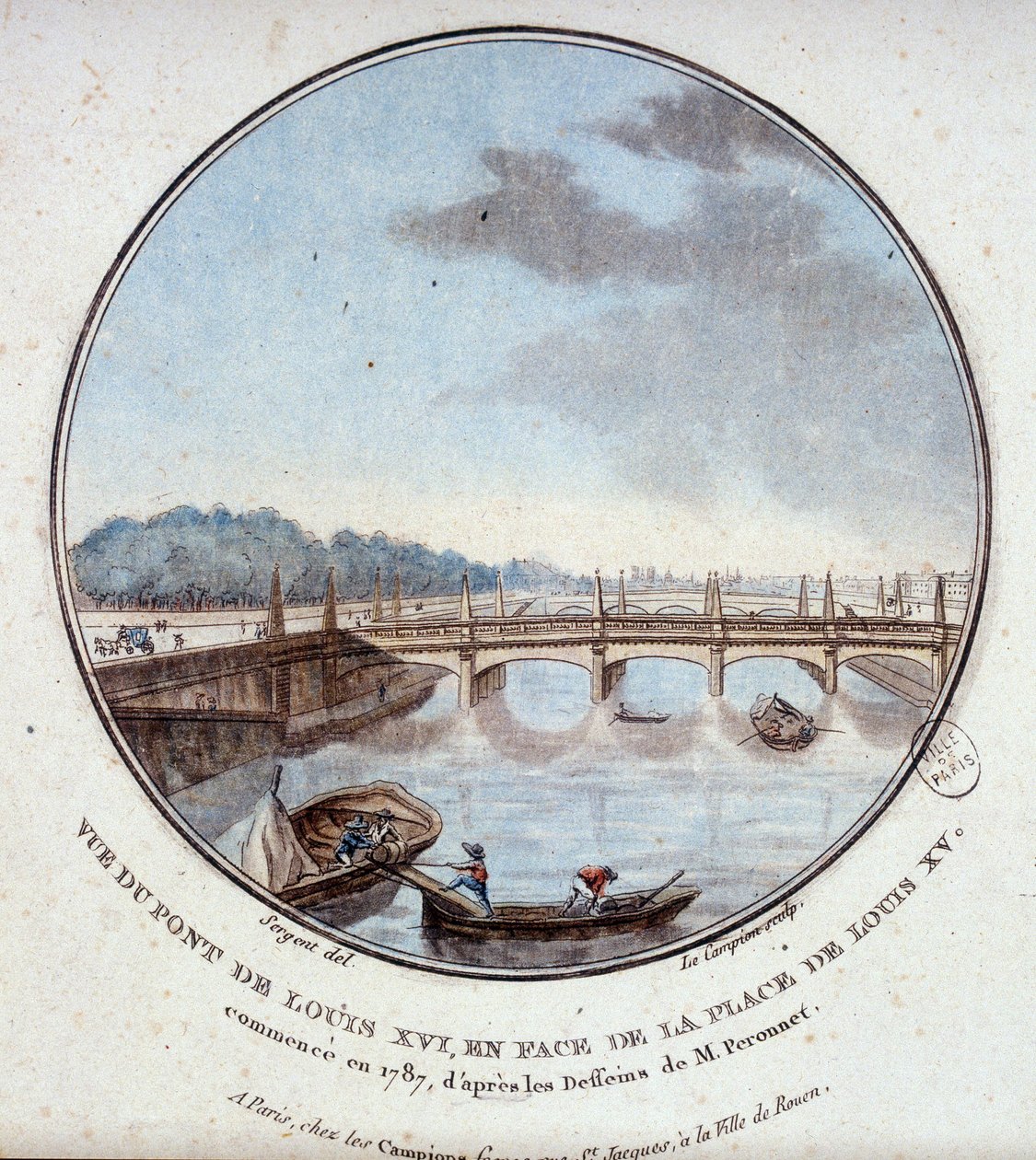 Uitzicht op de brug van Louis XVI, tegenover de plaats van Louis XV, begonnen in 1787 volgens de tekeningen van Mr. Peronnet. In pittoreske uitzichten van de belangrijkste gebouwen van Parijs door Sergeant door Antoine Louis Francois Sergent Marceau