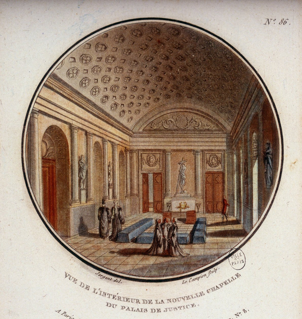 Zicht op het interieur van de nieuwe kapel van het gerechtsgebouw, nu Sainte Chapelle, Parijs. In schilderachtige uitzichten van de belangrijkste gebouwen van Parijs door Sergeant door Antoine Louis Francois Sergent Marceau