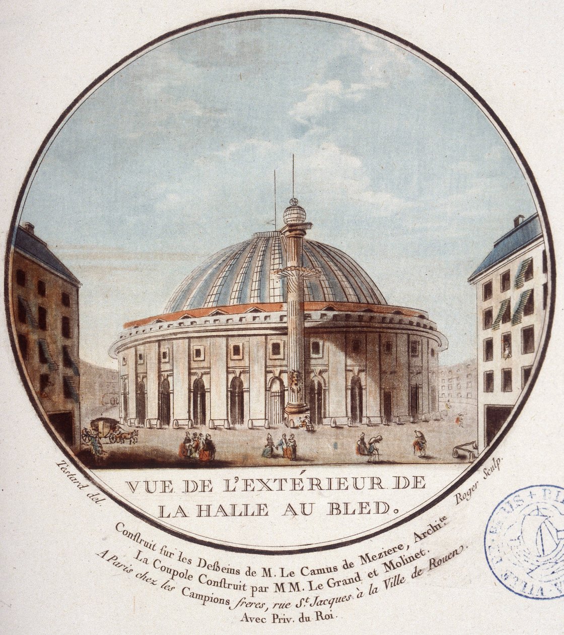 Zicht op de buitenkant van de graanmarkt, Parijs gebouwd door Le Camus de Mézières tussen 1763 en 1766, tegenwoordig de beurs in Parijs. In schilderachtige uitzichten van de belangrijkste gebouwen van Parijs door Sergeant door Antoine Louis Francois Sergent Marceau