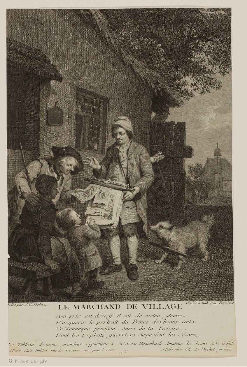 Rondreizende prentverkoper in een dorp door Antoine Louis Romanet