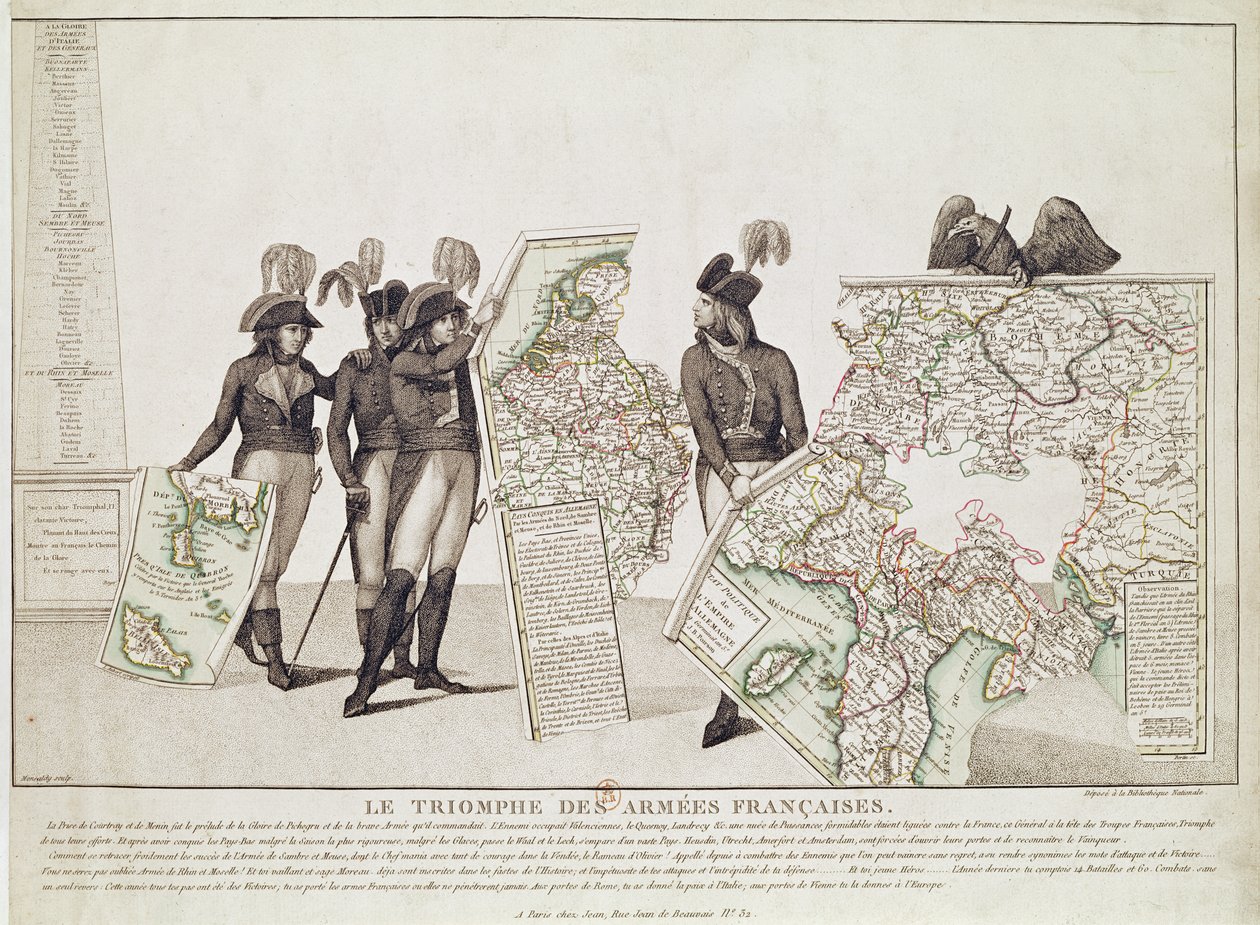De Triomf van de Franse Legers, Napoleon en zijn Generaals met Kaarten van hun Overwinningen ten tijde van de Vrede van Loeben, 18 april 1797 door Antoine Maxime Monsaldy