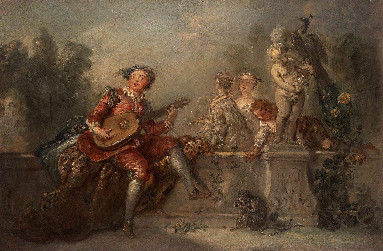 Luitspeler met gezelschap in een park door Antoine Pesne