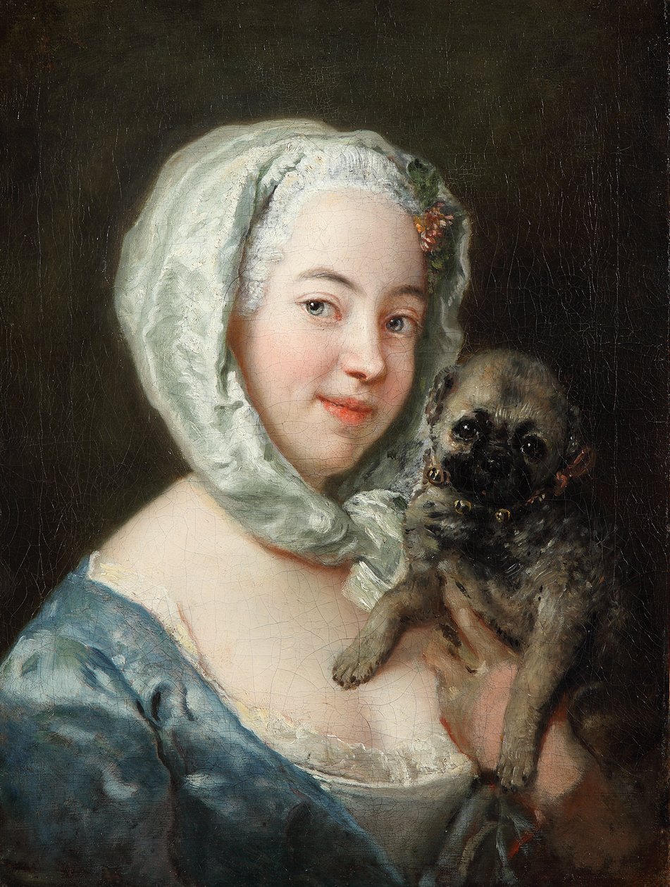 Marie de Rège, geboren Pesne, met een mopshond door Antoine Pesne