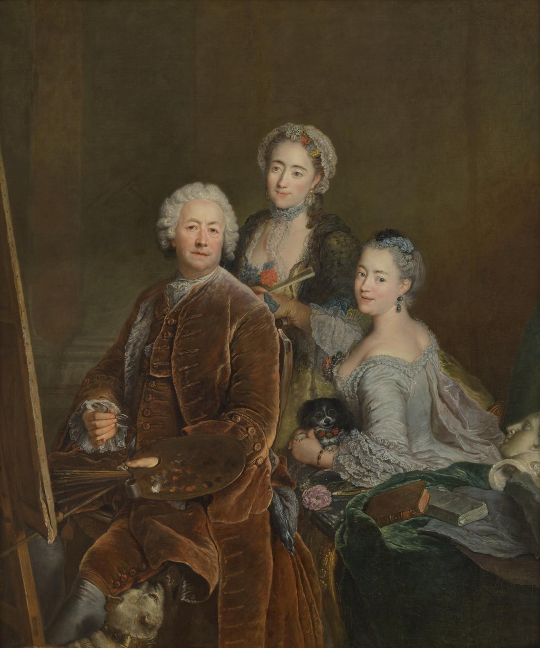 Zelfportret voor de ezel met zijn dochters Henriette Joyard en Marie de Rège door Antoine Pesne