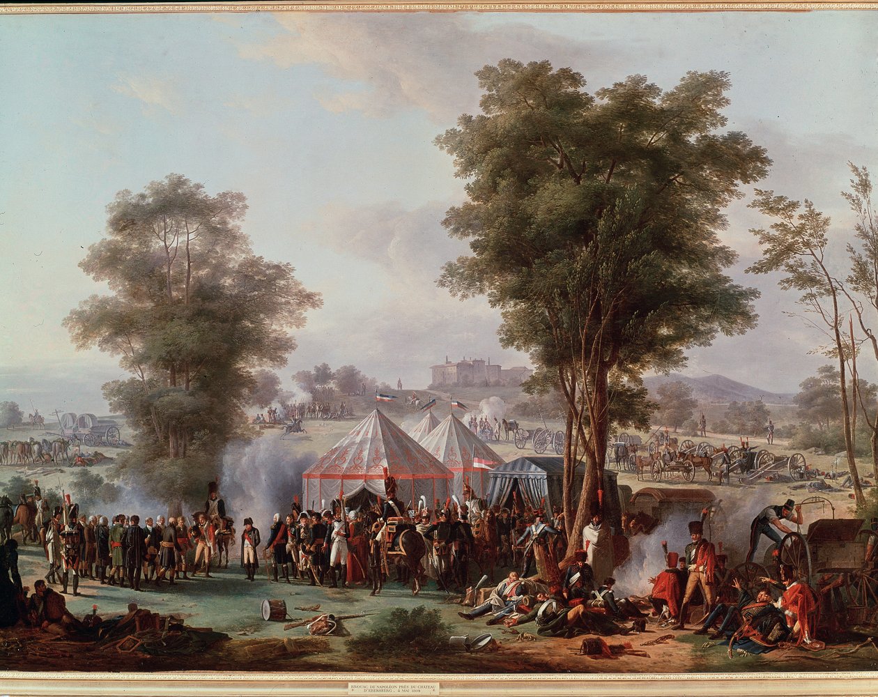 Bivak van Keizer Napoleon I, nabij het kasteel van Ebersberg in Oostenrijk 4/05/1809 (Schilderij) door Antoine Pierre Mongin