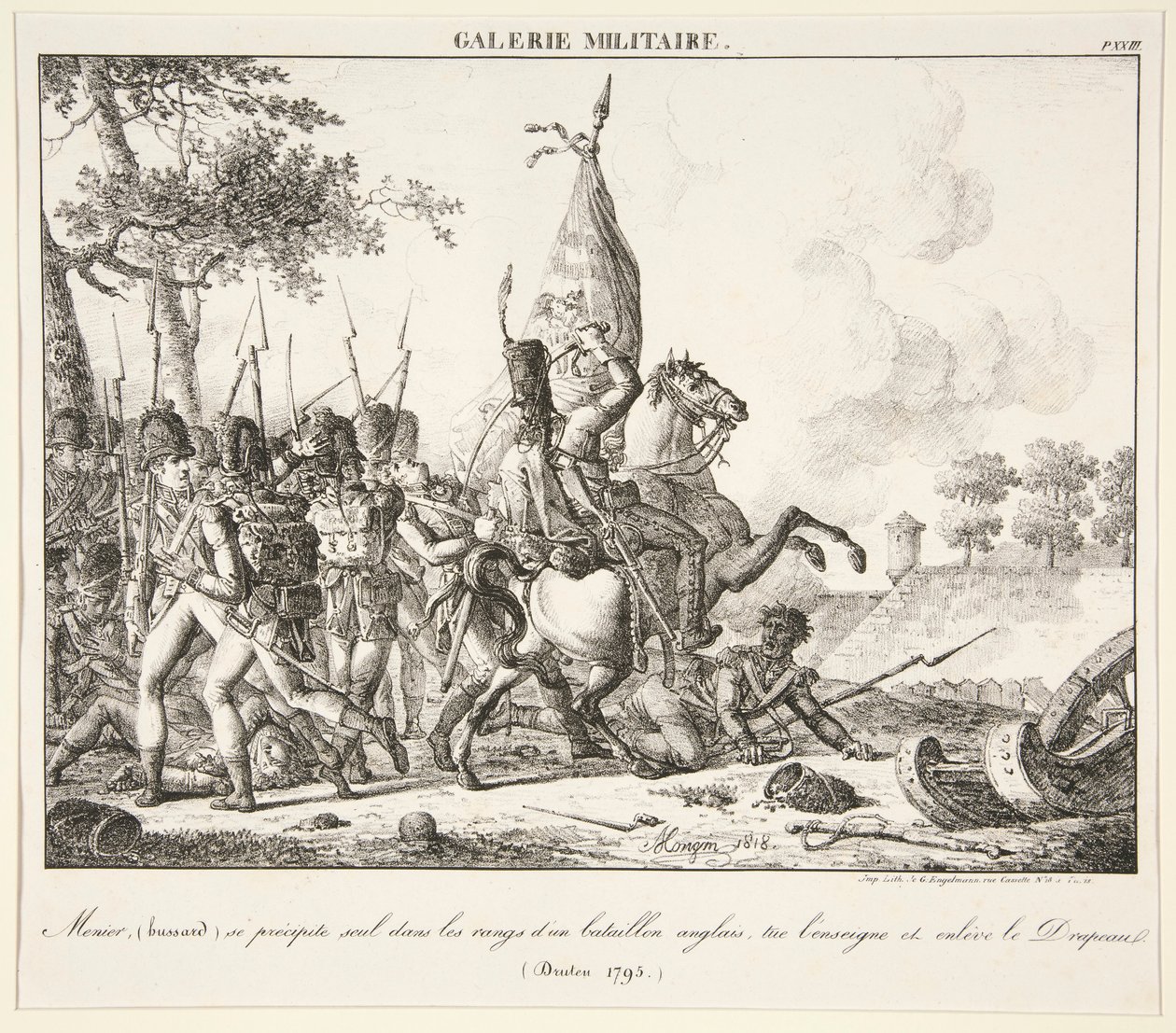Menier (Huzaren) werpt zich alleen in de linie van een Engels bataljon, doodt de vaandrig en neemt de vlag (Druten, 1795) door Antoine Pierre Mongin