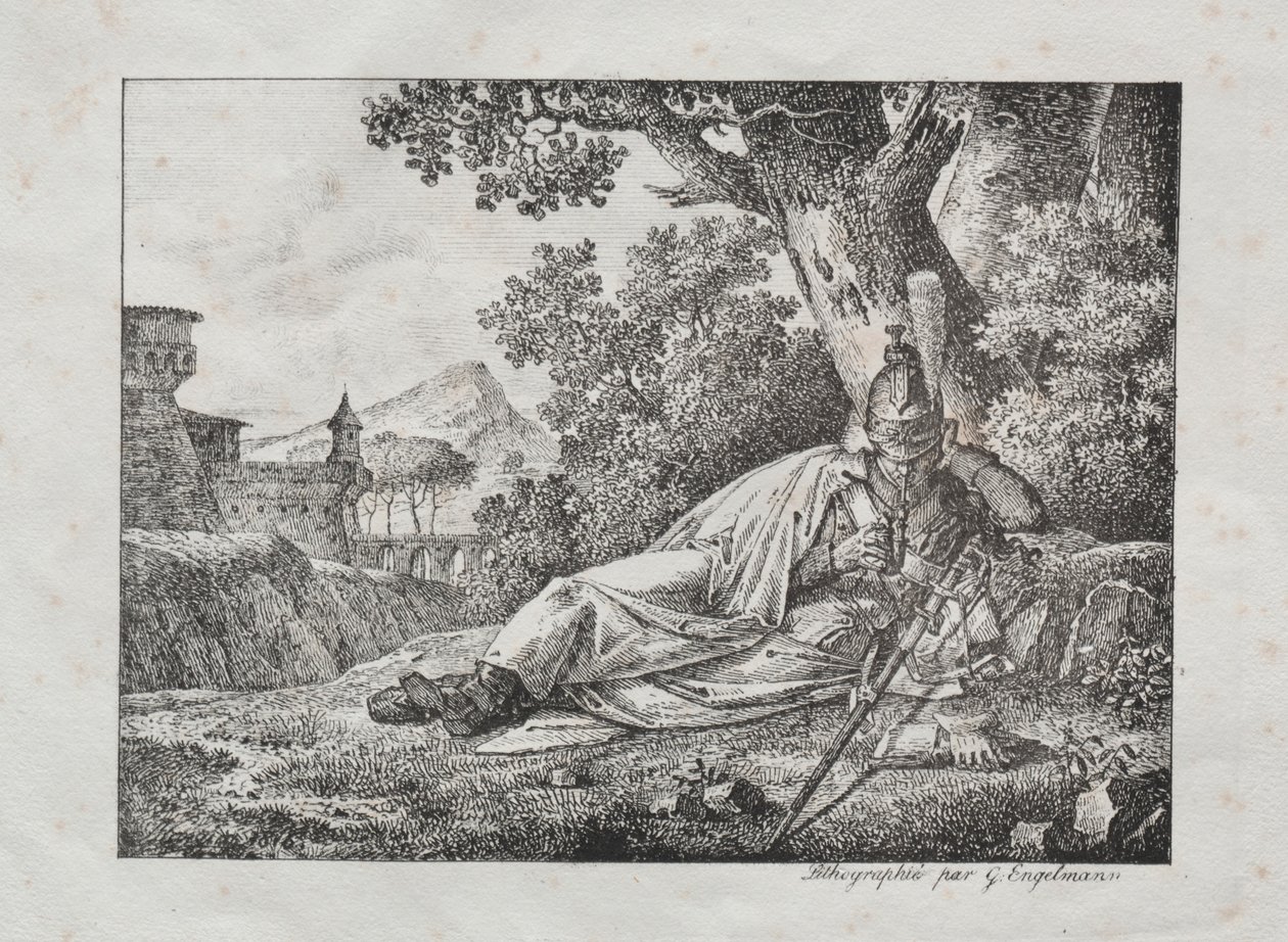 Receuil dessais lithographiques: Rookende Draak liggend aan de voet van een boom door Antoine Pierre Mongin