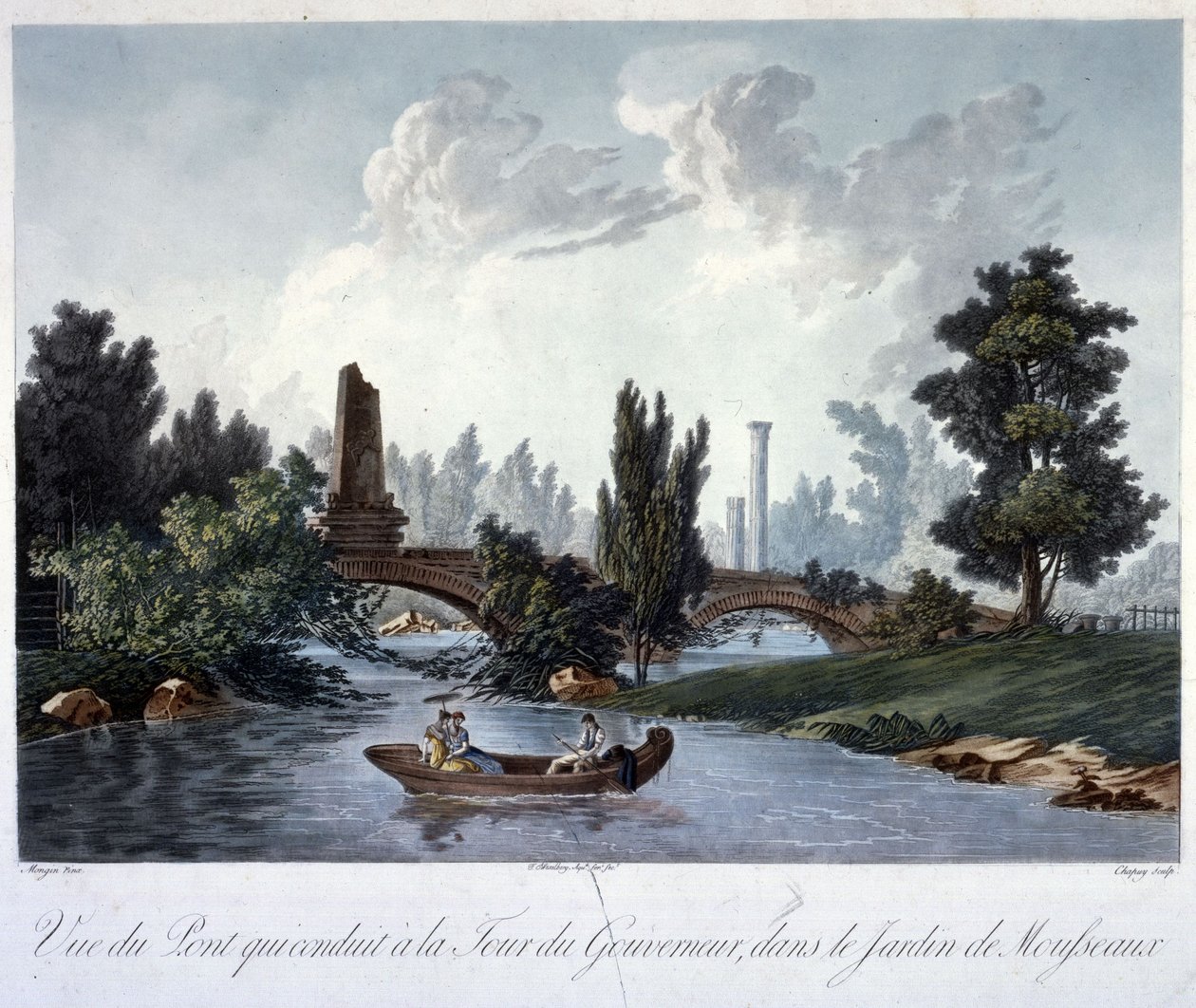 Brug naar de Tour du Gouverneur in het Parc Monceau, gegraveerd door Chapuy door Antoine Pierre after Mongin