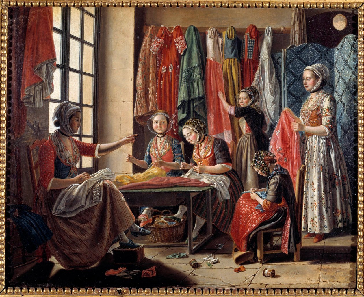 Een naaiatelier in Arles in 1760 door Antoine Raspal