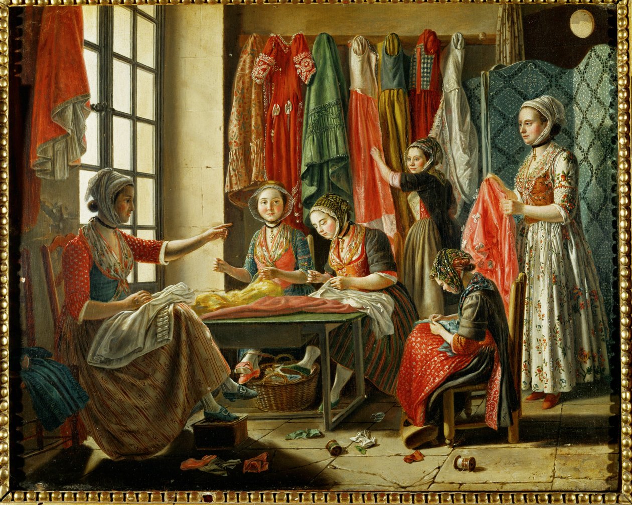 Naaiatelier in Arles ... (olieverf op doek) door Antoine Raspal