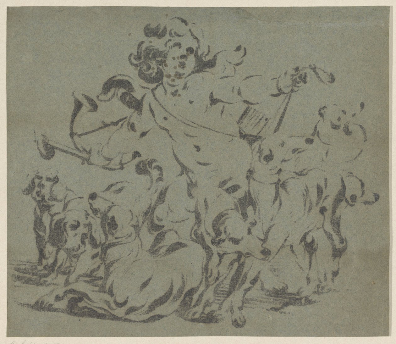 Amor als jager met honden door Antoine Sallaert