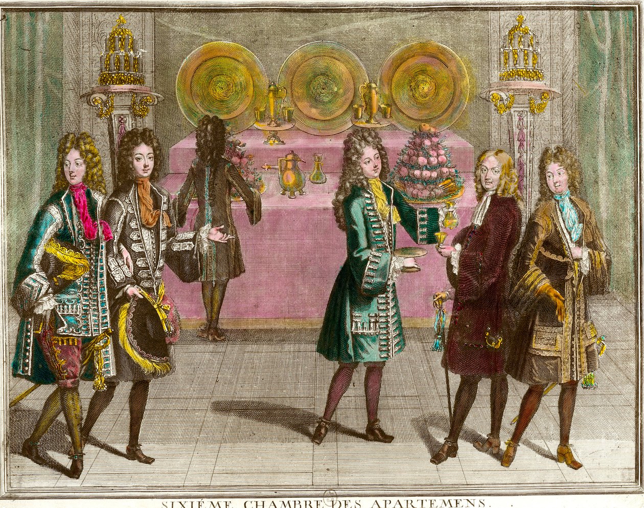 Buffetstandaards voor snacks in de zesde slaapkamer van de appartementen van de familie van Lodewijk XIV (1638-1715) tijdens de avonden van het appartement in Versailles rond 1696 door Antoine Trouvain