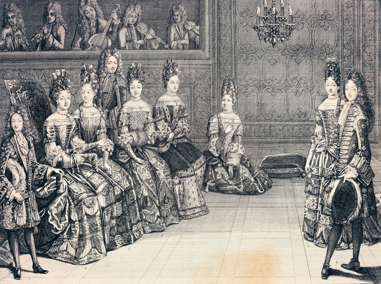 Hertog van Bourgondië, hertogin van Maine, prinses van Conti en hertogen van Chartres luisteren naar muziek (gravure, Frankrijk) door Antoine Trouvain