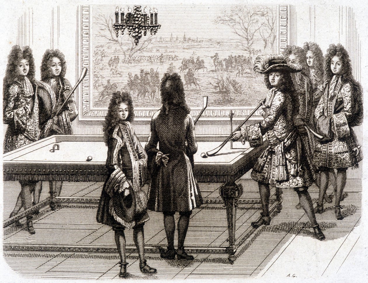 Lodewijk XIV speelt biljart (met Monsieur, hertog van Vendôme, graaf van Toulouse, Chamillart, de koning, M. d