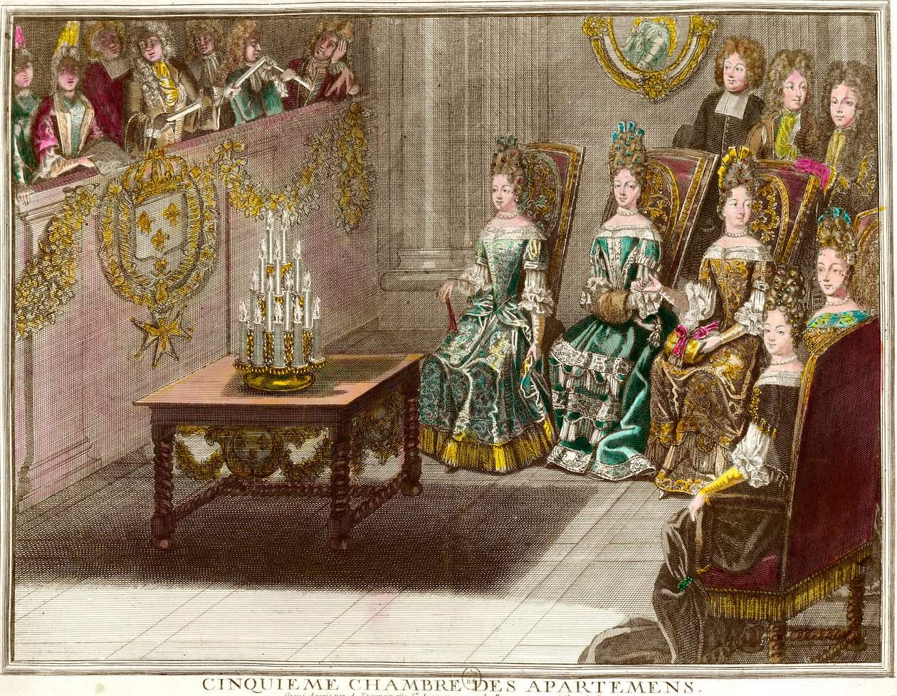 Muzieksessie in de vijfde slaapkamer van de familieappartementen van Lodewijk XIV (1638-1715) tijdens de avonden van het appartement in Versailles rond 1694 door Antoine Trouvain
