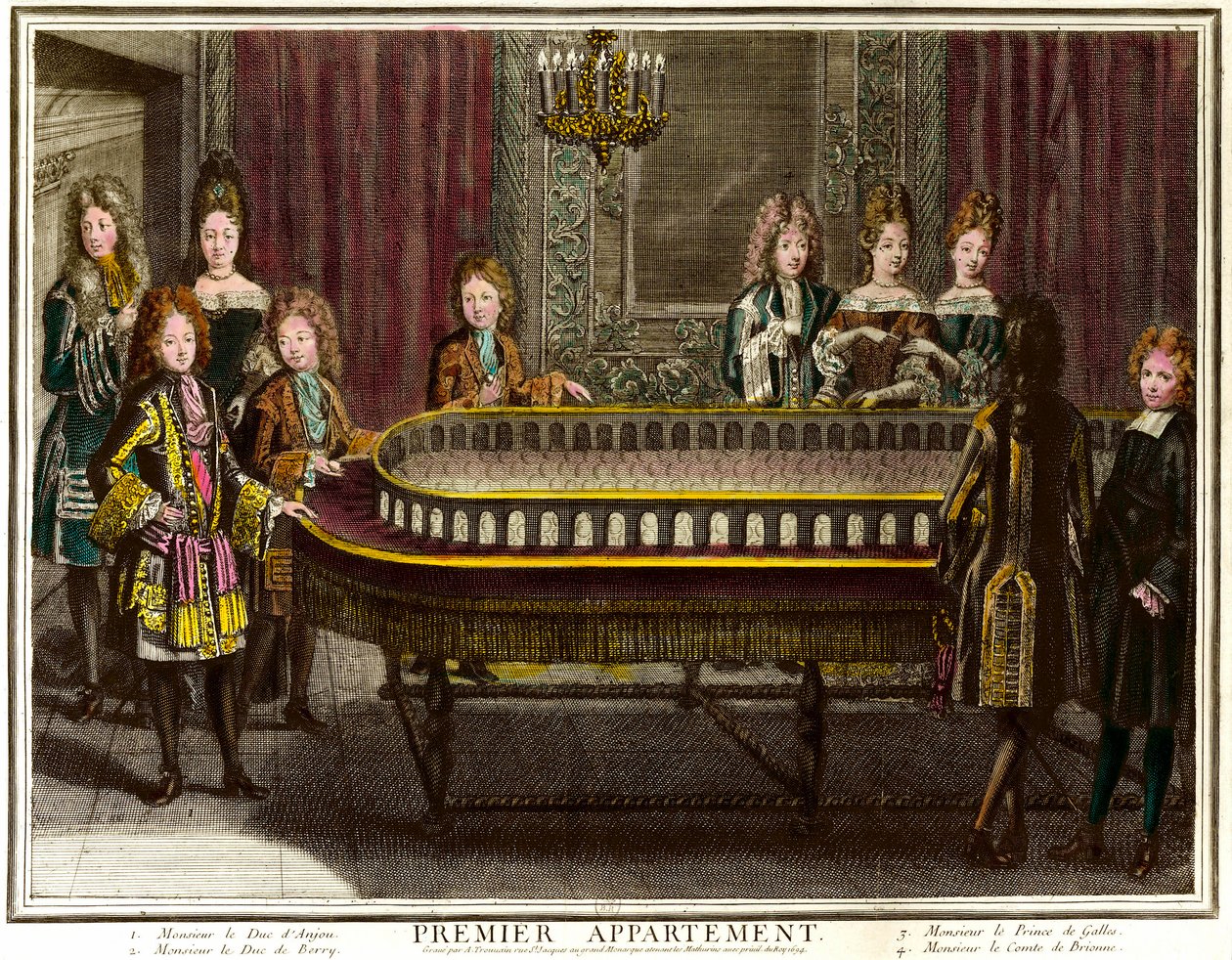 Philippe van Frankrijk, Hertog van Anjou, later Koning van Spanje (1683-1746), Charles, Hertog van Berry (1686-1714) en Prins van Wales die portiek spelen in het eerste appartement van Lodewijk XIV in Versailles - Gravure door Antoine Trouvain (1656-1708) door Antoine Trouvain