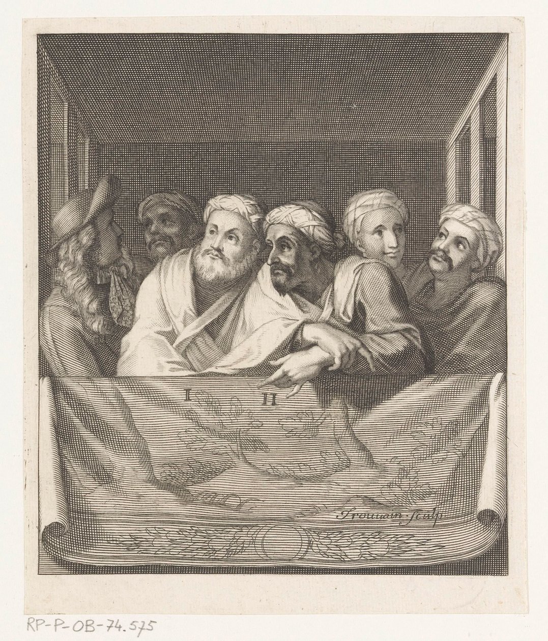 Vijf mannen met tulband en een met hoed in een loge achter een balustrade door Antoine Trouvain