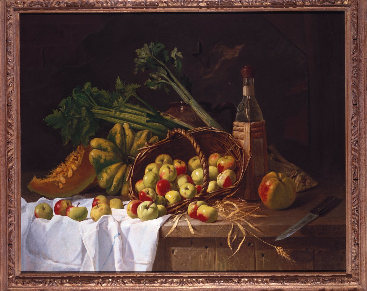 Stilleven met een fles wijn, rabarber en een omgekeerd mandje met appels op een tafel door Antoine Vollon