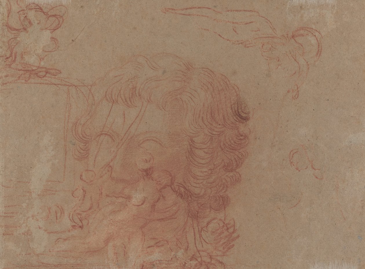 Figureschetsen en een kopie naar een gebeeldhouwd hoofd door Antoine Watteau