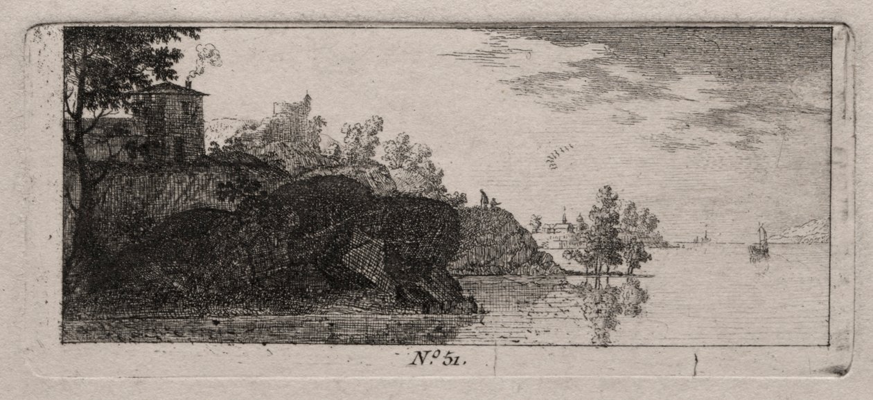 Huisje op een rotsachtige voorgebergte langs een rivier door Antoine de Marcenay de Ghuy