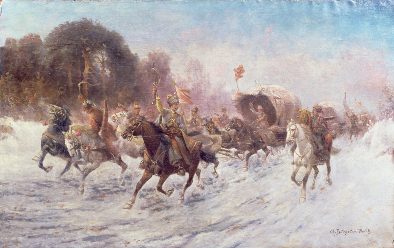 Kozakken in een winterlandschap door Anton Baumgartner Stoiloff
