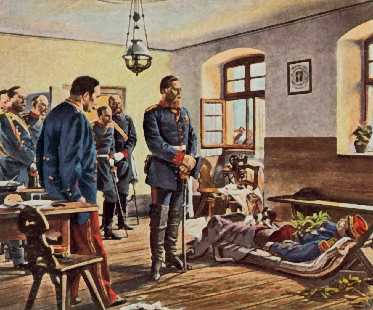 Kroonprins Friedrich Wilhelm bij het lichaam van generaal Douay, 4 augustus 1870 (vergrote kleurenlitho) door Anton Alexander von (after) Werner
