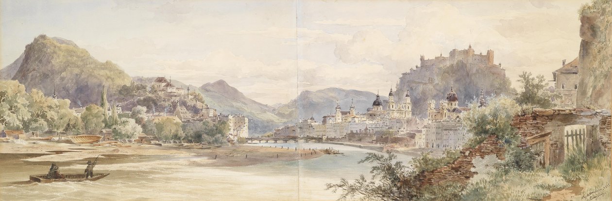 Duits: Panorama van de stad Salzburg met de vesting Hohensalzburg door Anton Altmann