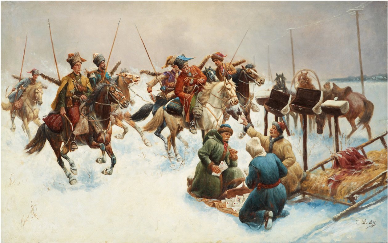 Winterlandschap met Kozakken door Anton Baumgartner Stoiloff