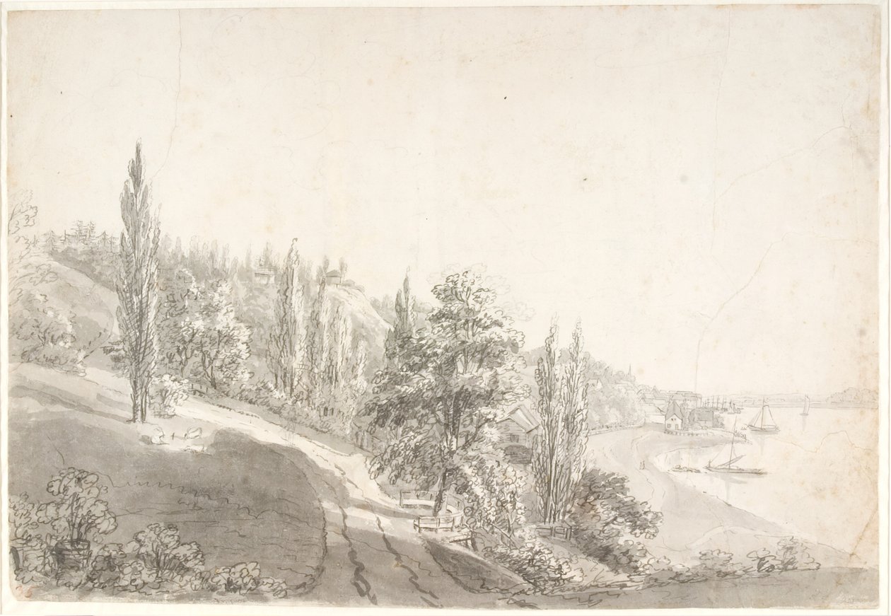 Landschap met stad aan de Elbe door Anton Carl Dusch