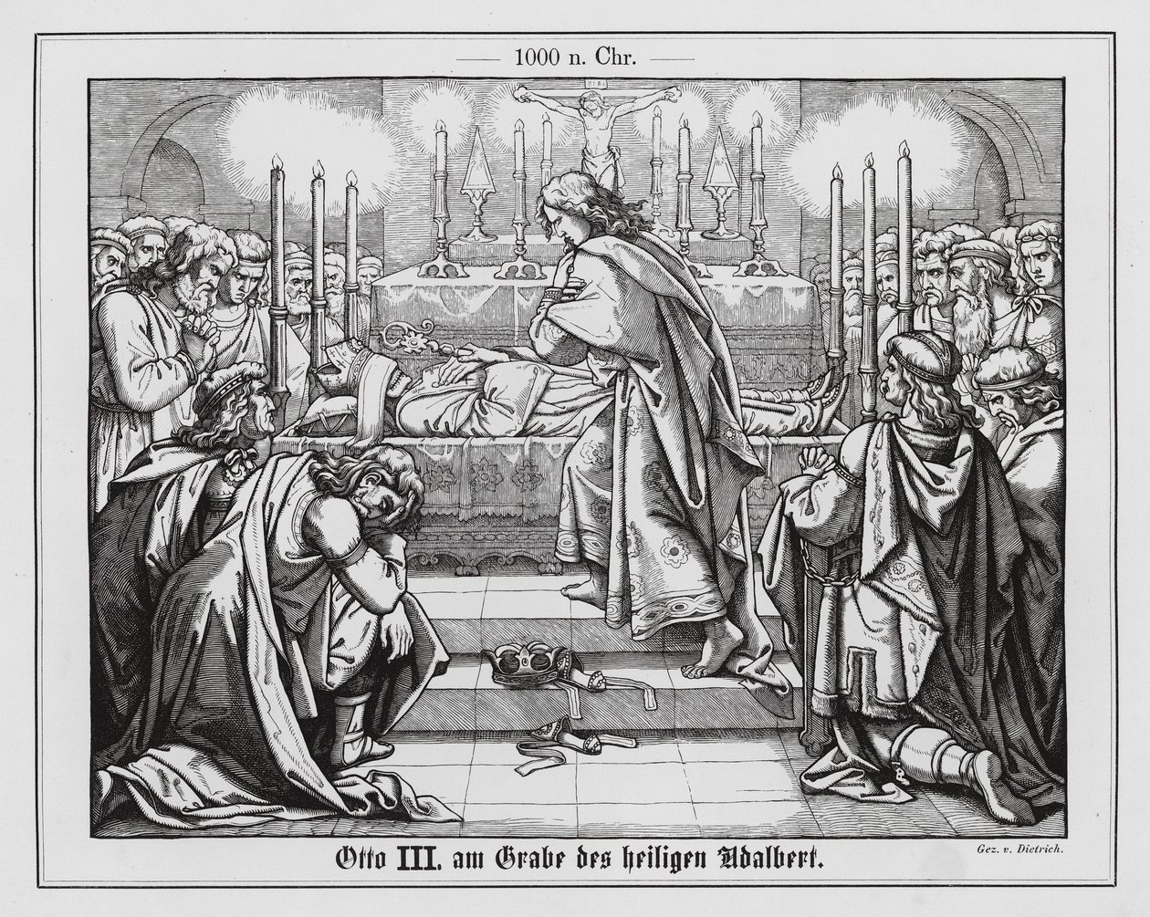 De Heilige Roomse keizer Otto III bij het graf van de heilige Adalbert van Praag (gravure) door Anton Dietrich