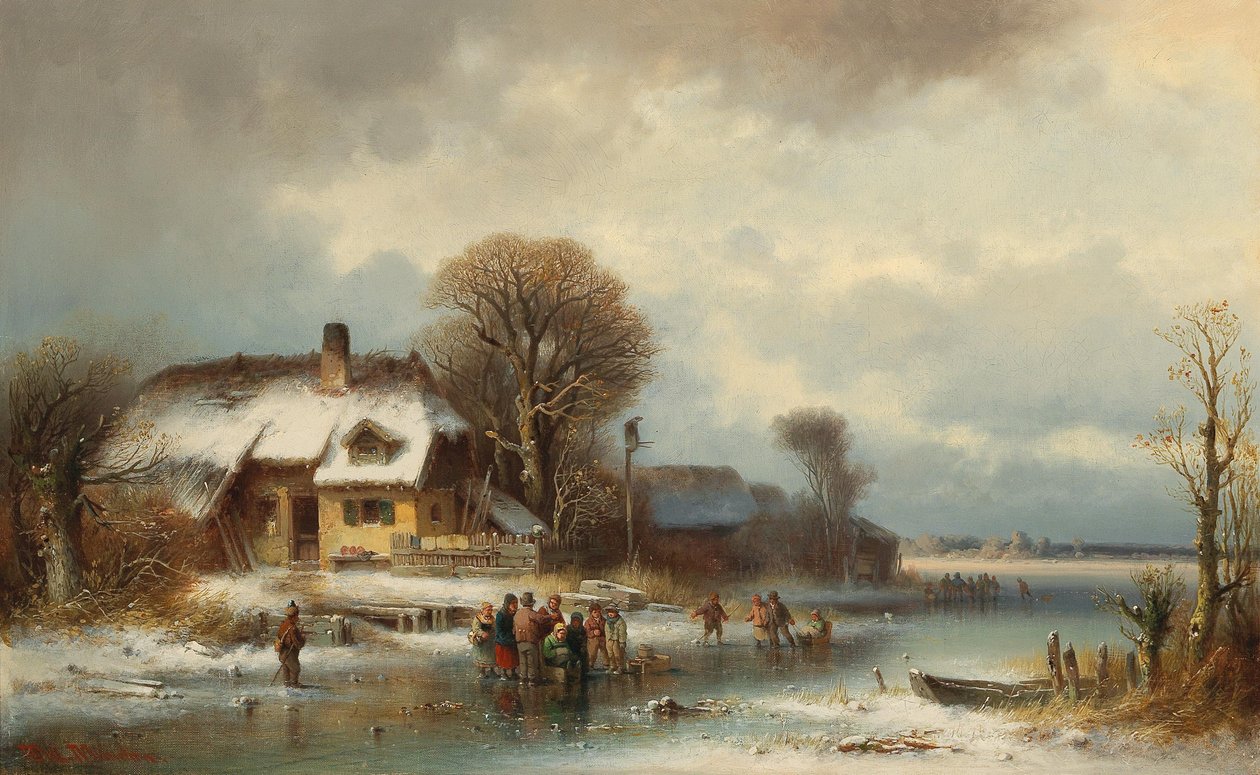 Winterlandschap met schaatsers door Anton Doll
