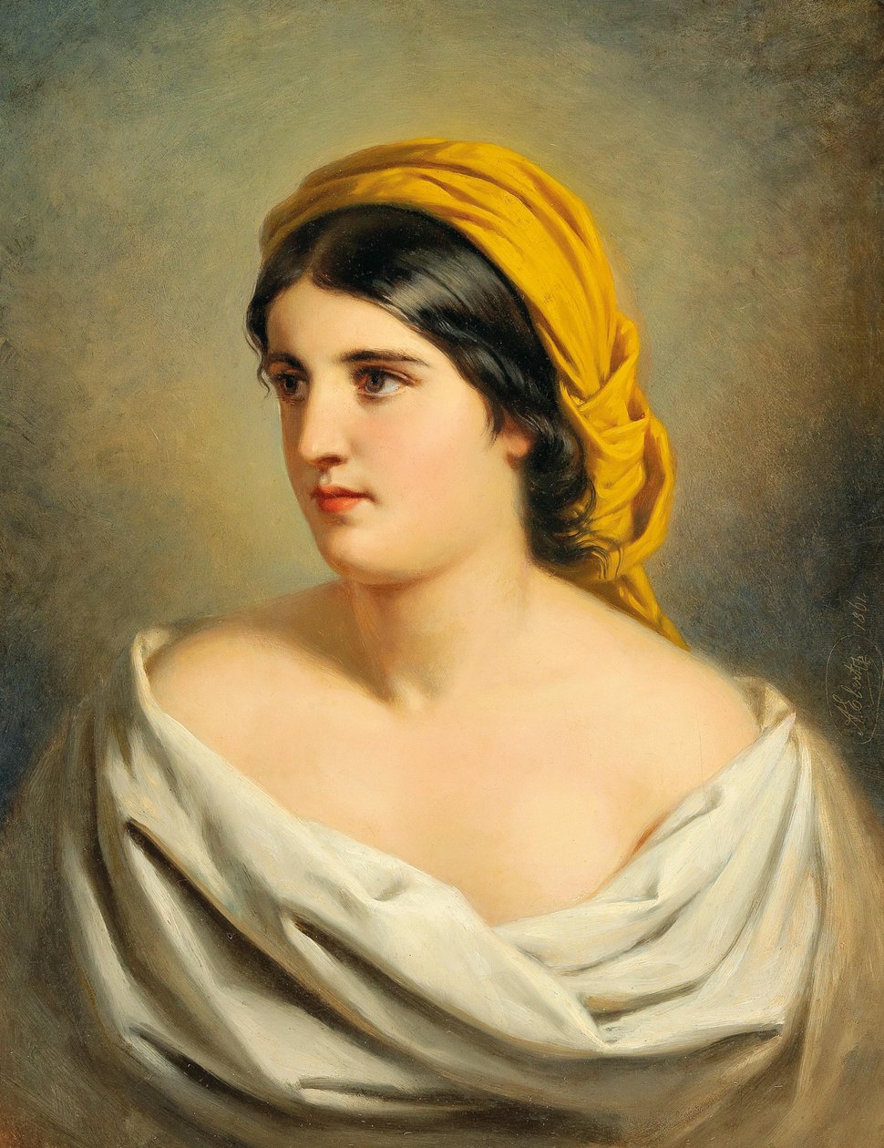 Portret van een vrouw met gele hoofddoek door Anton Ebert
