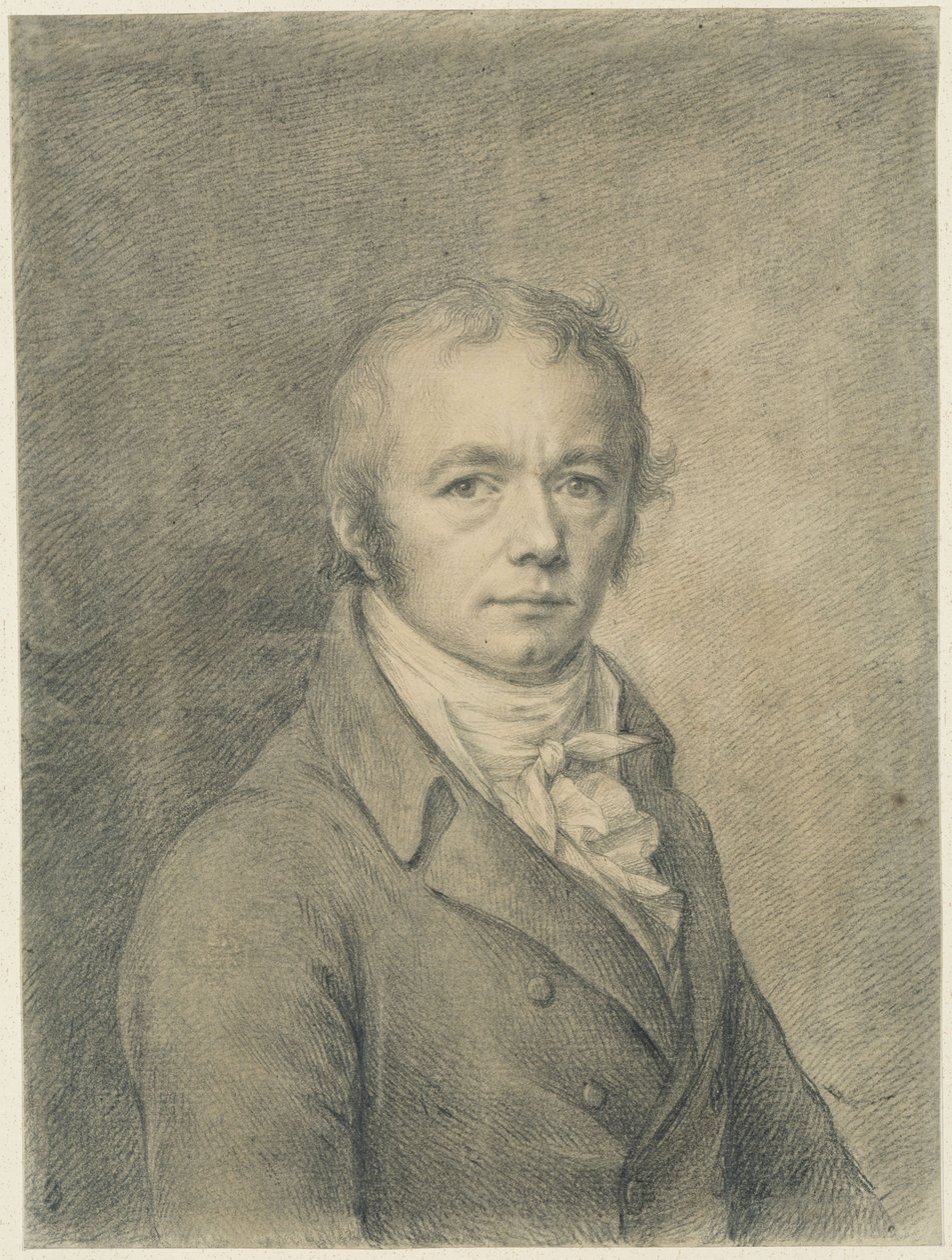 Borstbeeld van een baardloze man van middelbare leeftijd, half naar rechts gedraaid, die de toeschouwer aankijkt door Anton Graff