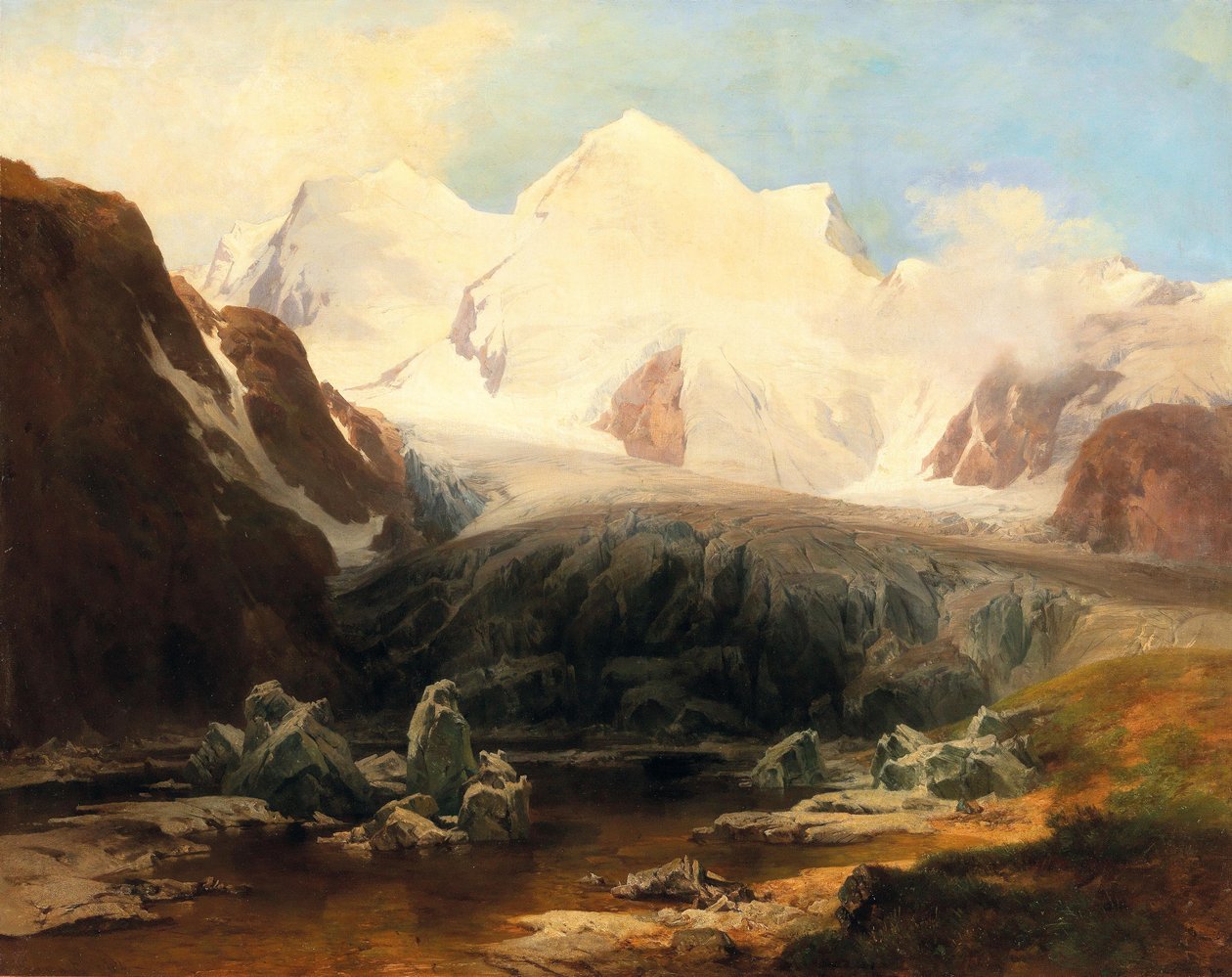 Uitzicht op een bergmeer met besneeuwde bergen op de achtergrond door Anton Hansch