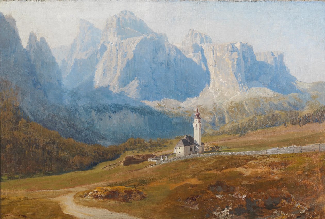 Anton Hlavacek Zicht op Colfosco met de Odle-groep door Anton Hlavacek