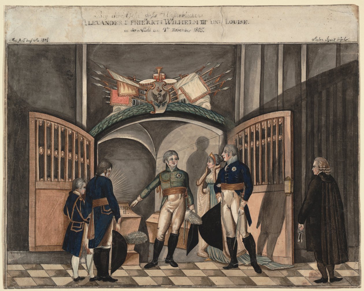 Bij de as van Frederik de Grote. Tsaar Alexander I, Koning Frederik Willem III en Louise van Pruisen door Anton Ignaz Vogel